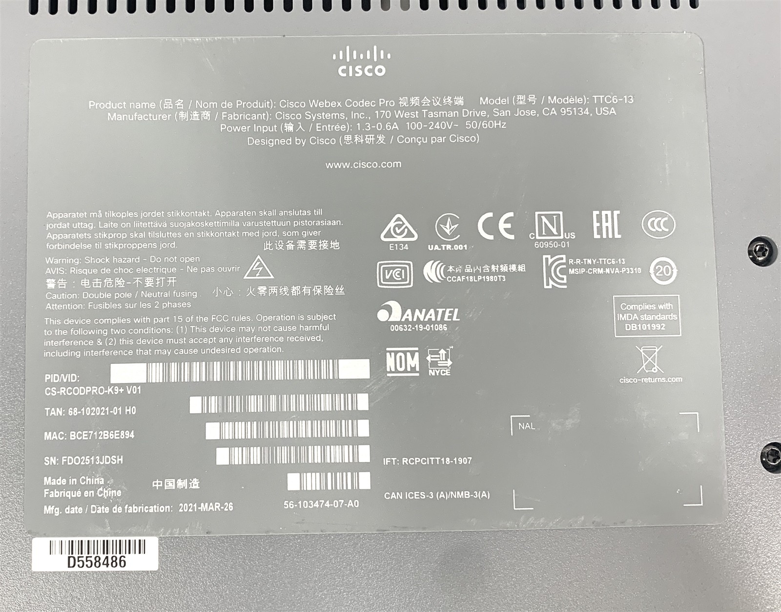Cisco Webex Codec TTC6-13 CS-RCODPRO-K9 w/ Rackmount Brackets