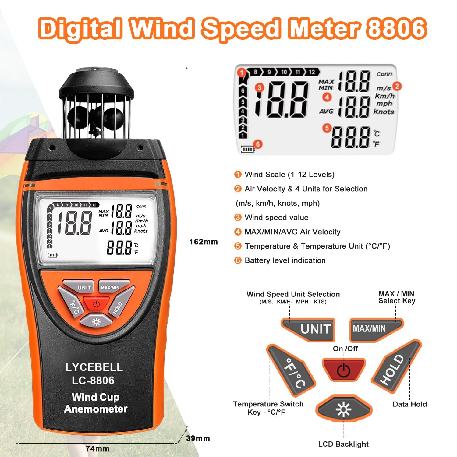 8806 Wind Cup Anemometer - Precise Anemometer Wind Gauge with Temperature Me...