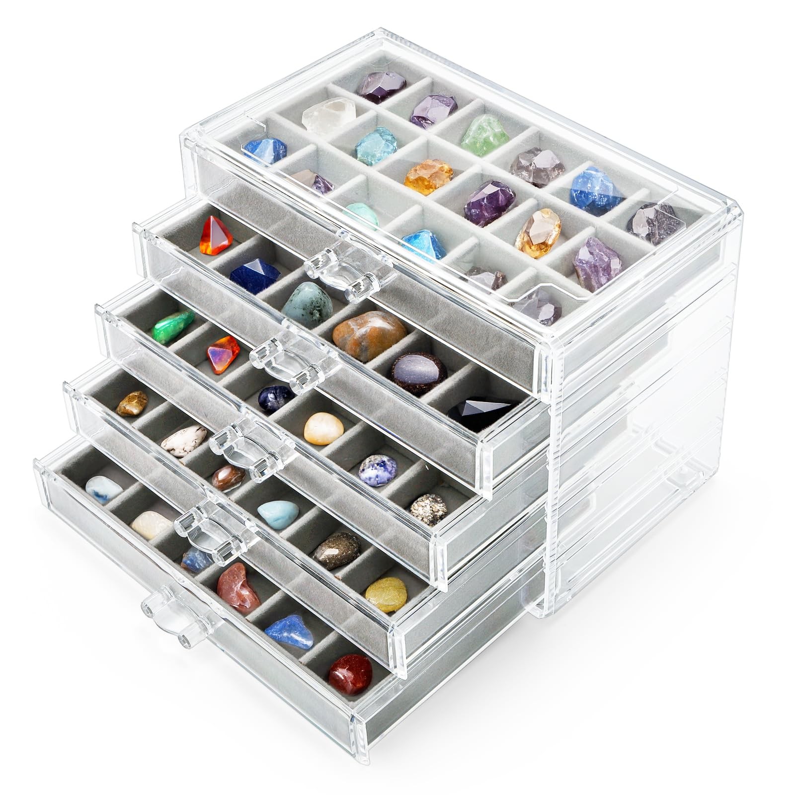 Clear Acrylic Rock Display Case, 5 Layer 90 Grids Rock Collection Case with A...