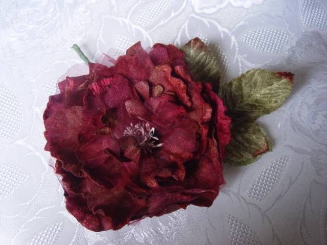 LARGE  VELVET and ORGANZA  MILLINERY PEONY ROSE - burgundy