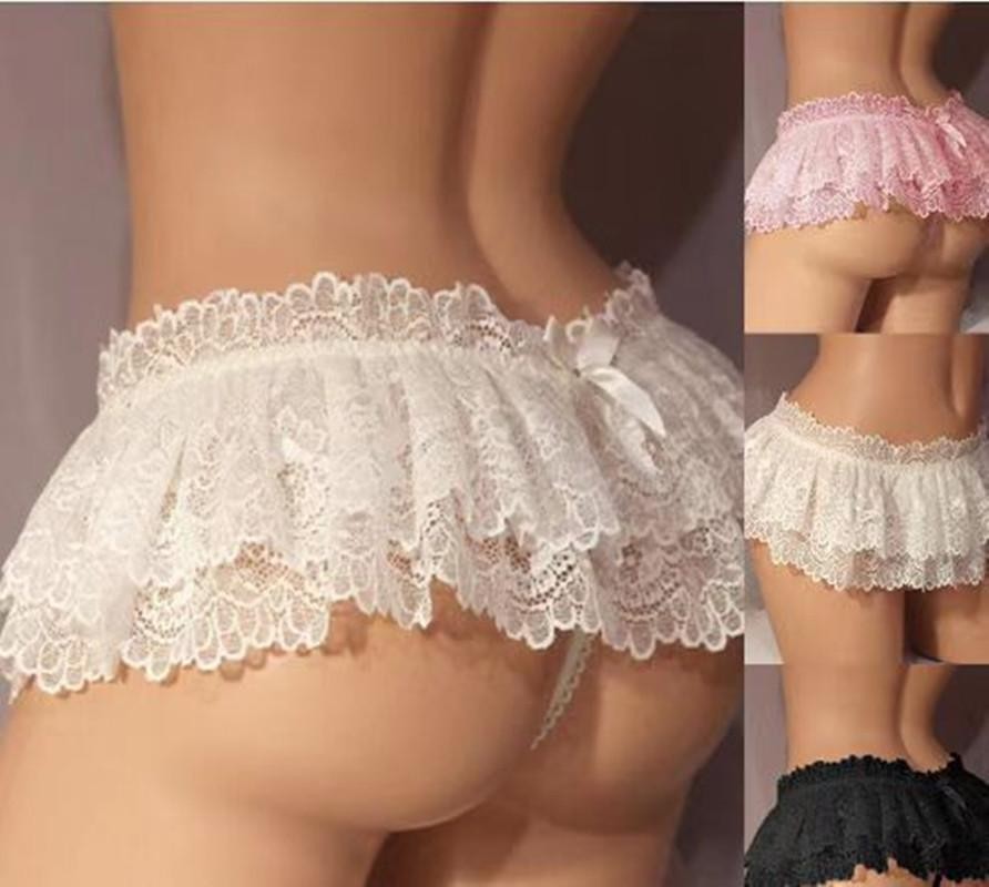 Sissy Lace Briefs Men Panties Thongs Ruffled Mini Skirt Crossdress Costume Panty