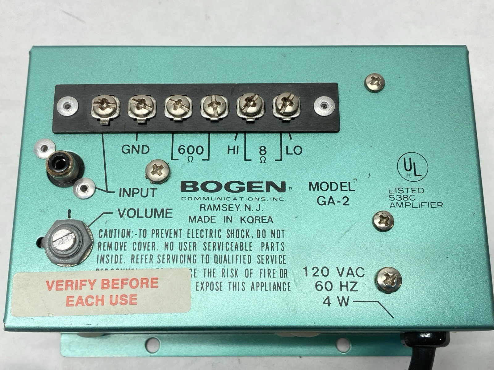 Bogen GA-2 Utility Amplifier 120V 600ohm 8ohm Solid State