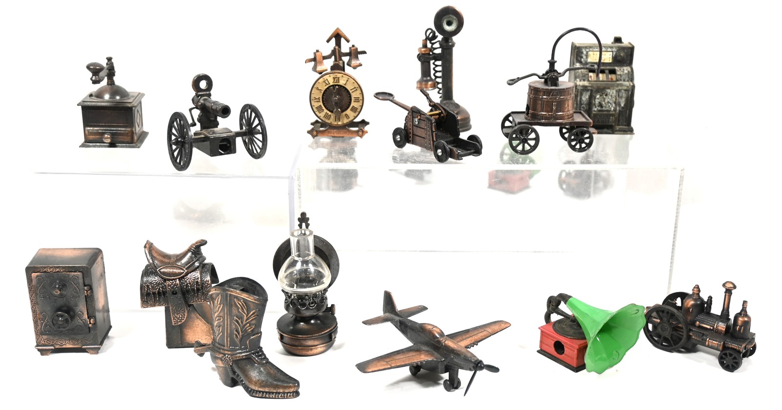 LOT 14 VINTAGE FIGURAL METAL PENCIL SHARPENERS Bronze Colored Cowboy Boot, Safe