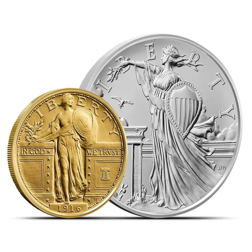 1916 Standing Liberty Quarter Gold Coin and Silver Medal Set (Box + CoA)