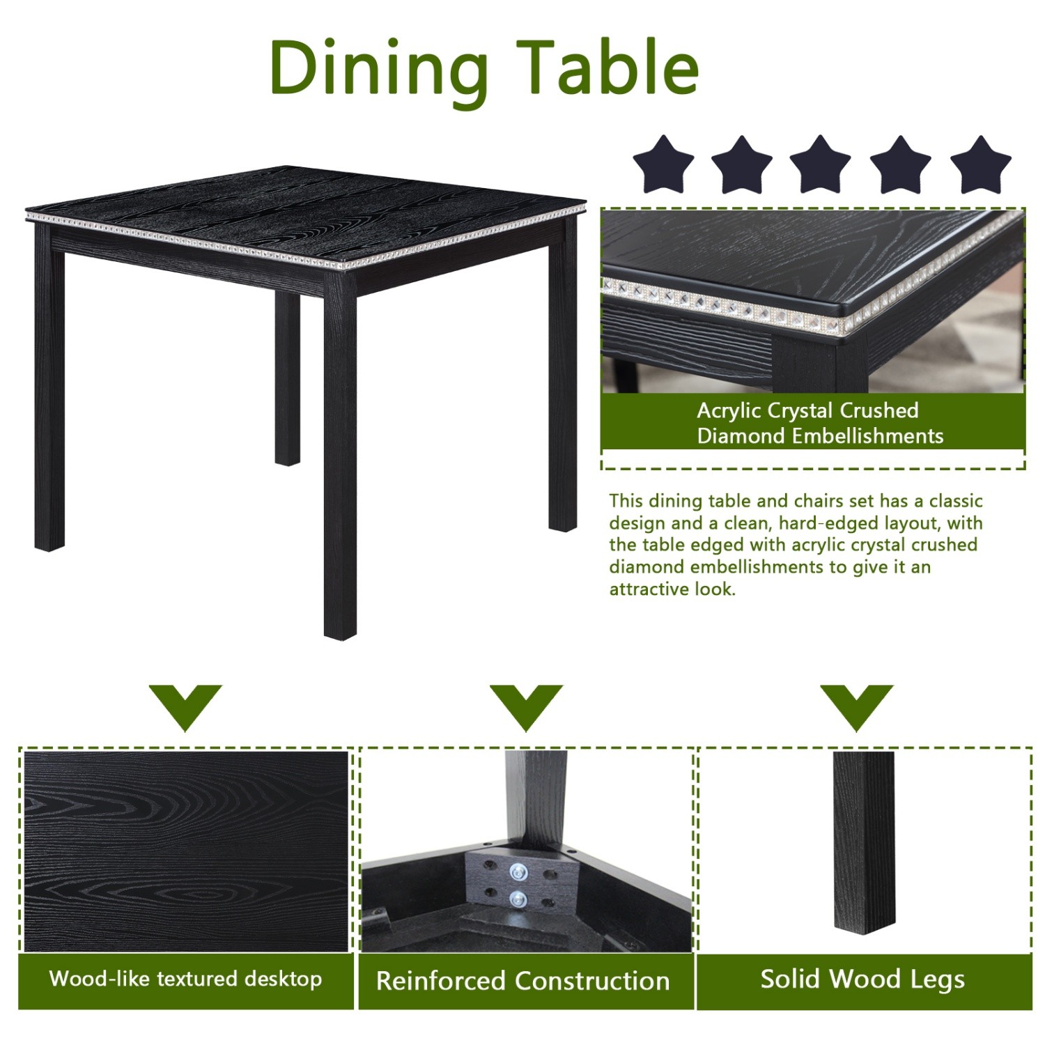 5 Piece Dining Table Set Wood Square Dining Table & 4 PU Upholstered Chair Black