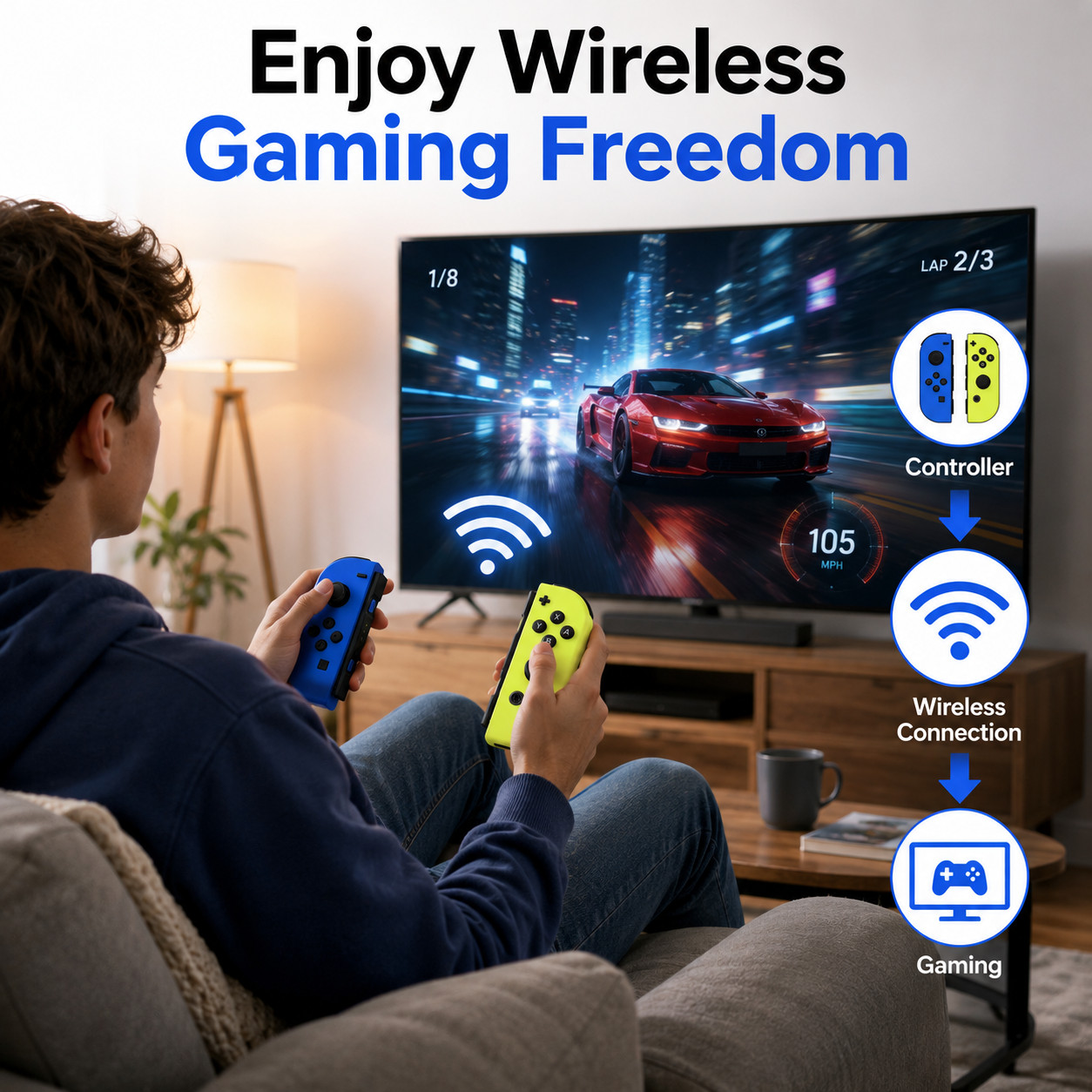Wireless Joy Con Controllers Compatible with Nintendo Switch Blue & Neon Yellow