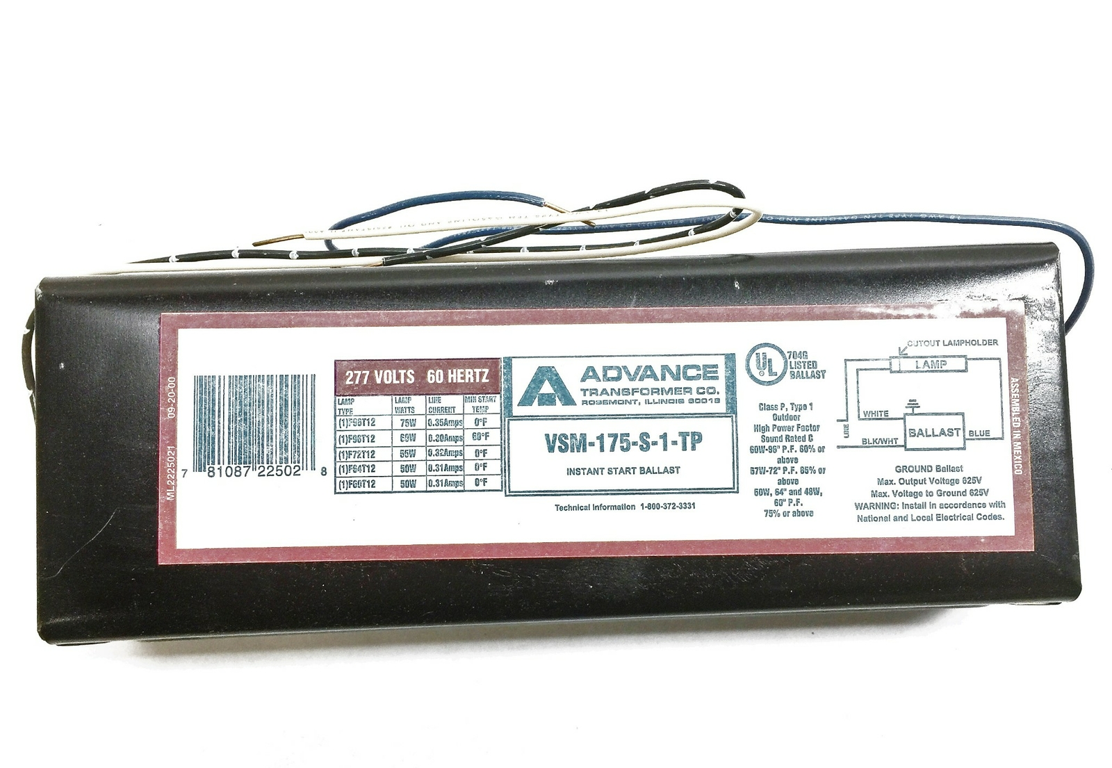 Advance Instant Start Ballast VSM175STP (6V942) NOS