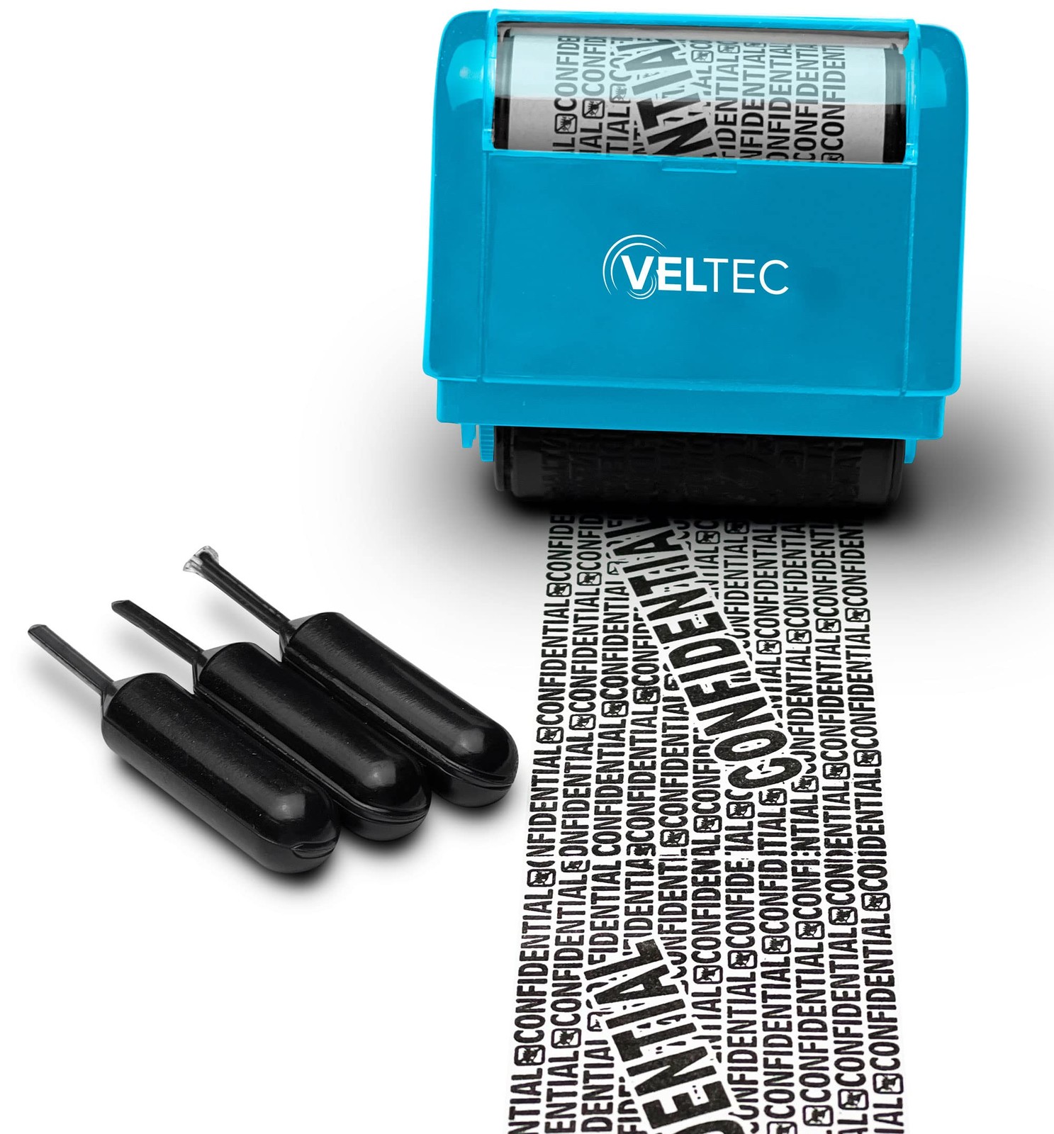 Veltec ID Protector Ink Roller - Identity Theft Stamp+3 Refills, Blue