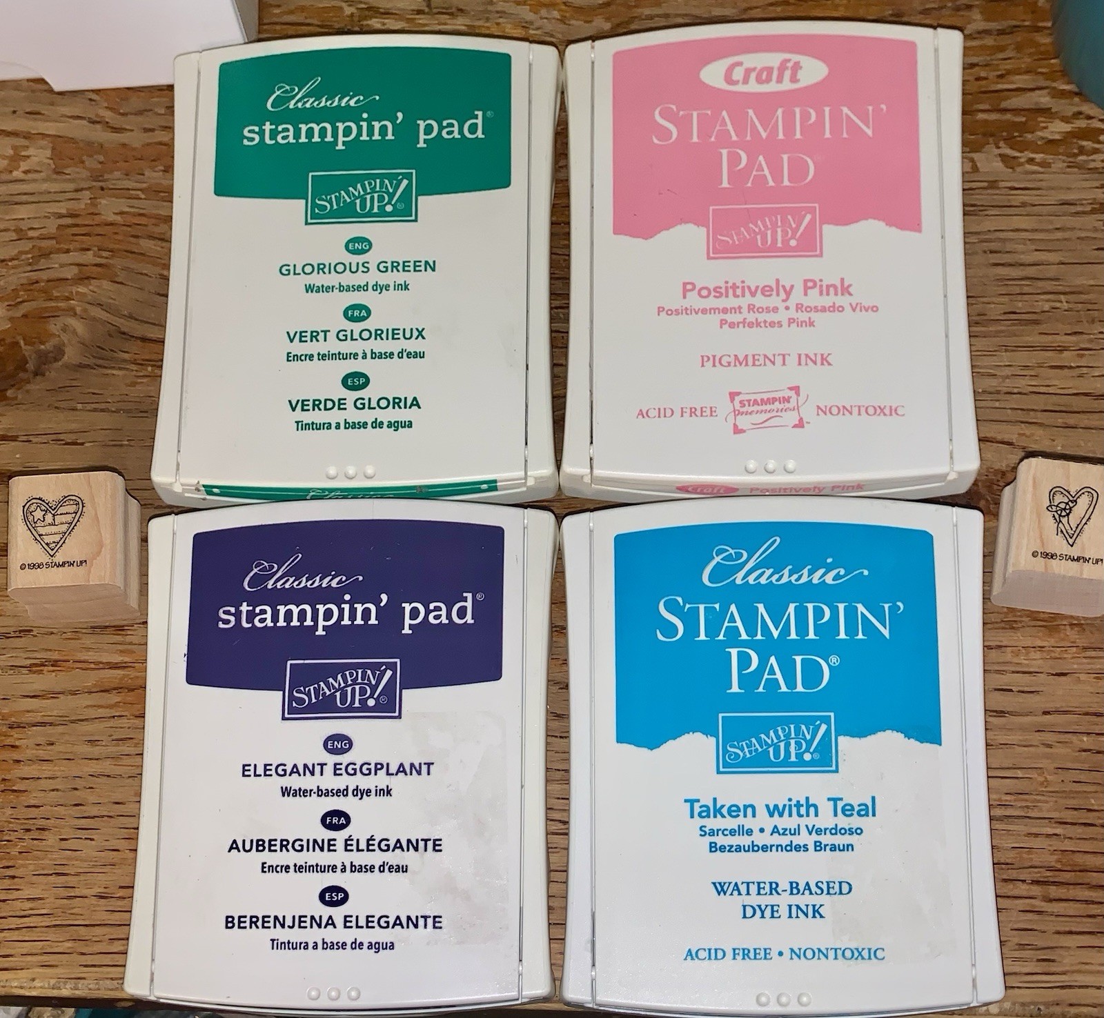 Stampin' Up! Classic Dye Ink Pads: Eggplant, Green, Teal, Pink + 2 Heart Stamps