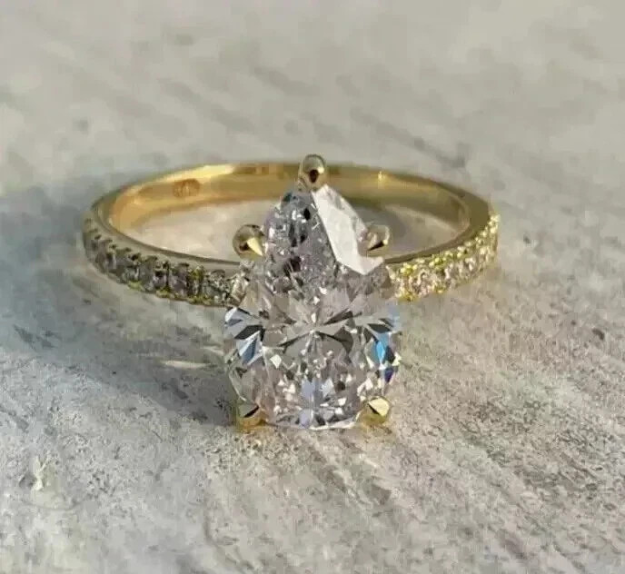2.50CT Pear-Cut Lab Created Solitaire Engagement Ring 14K Yellow Gold Plated