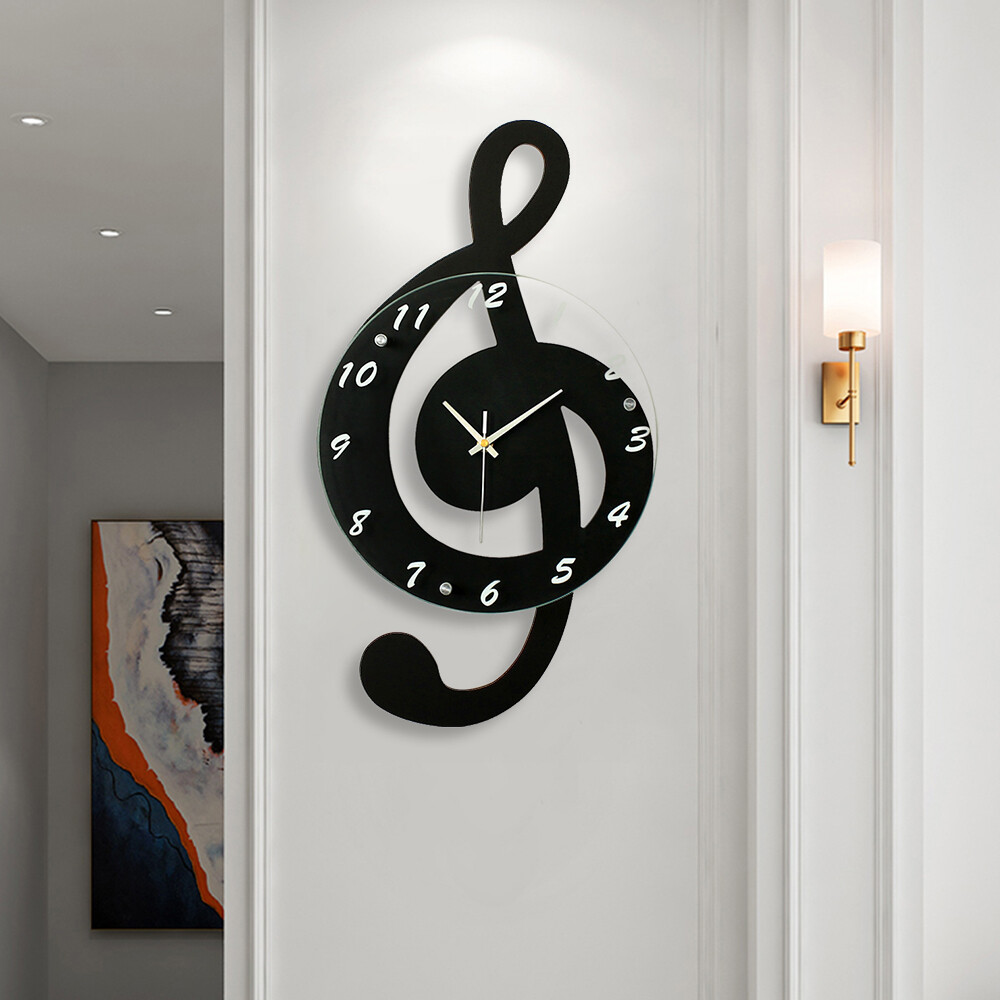 Creative Mical Note Wall Clock Glass Metal Clock For Living Room Office Decor
