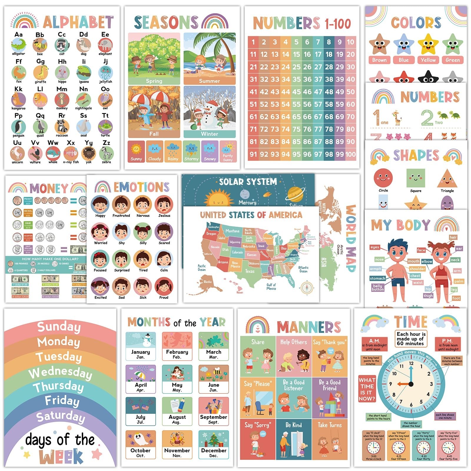 16Pcs Educational Posters for Toddlers 1-3, Learning Posters for Toddlers 1-3...