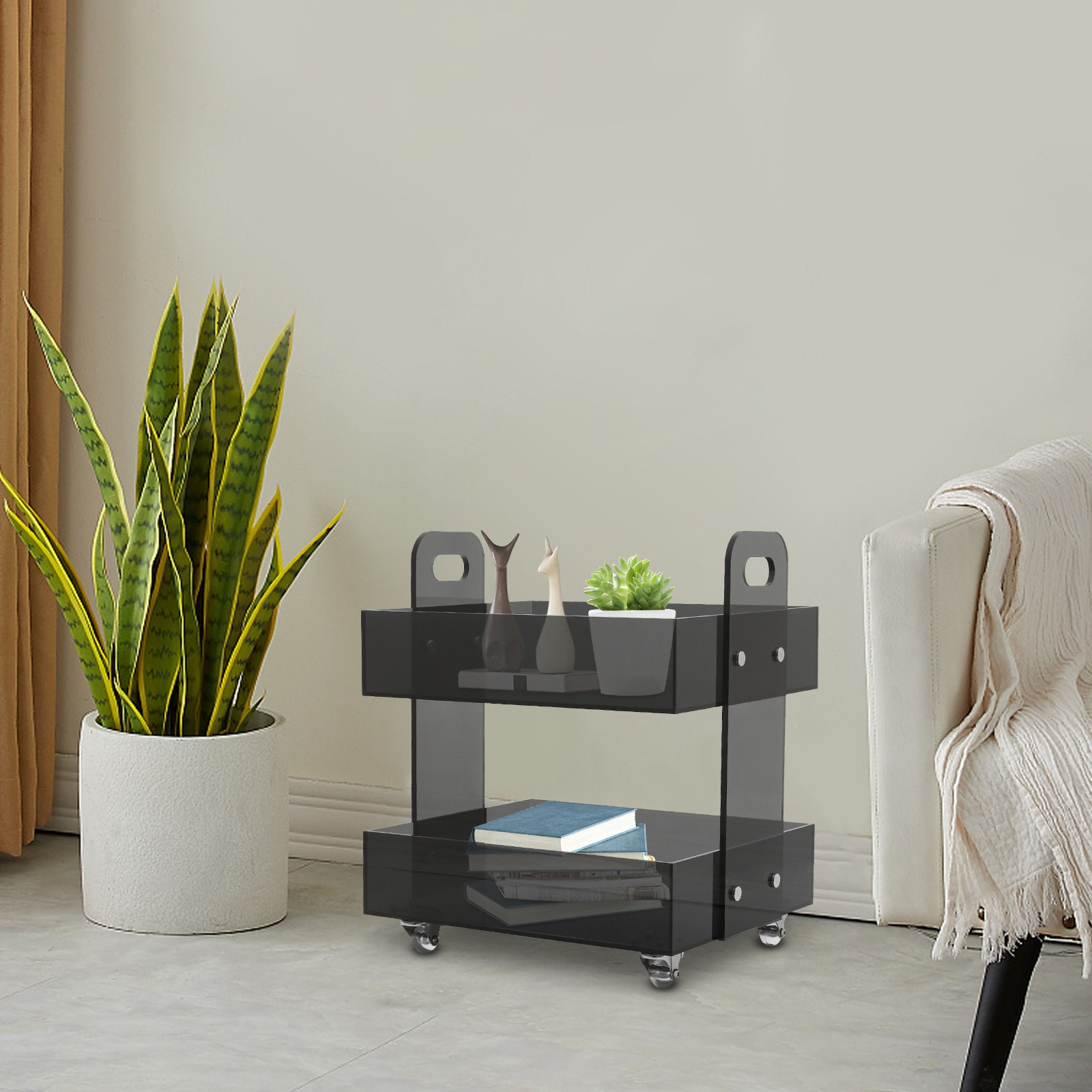 Acrylic Side Table Modern Bedside Table Free Standing Storage Rack with Wheels