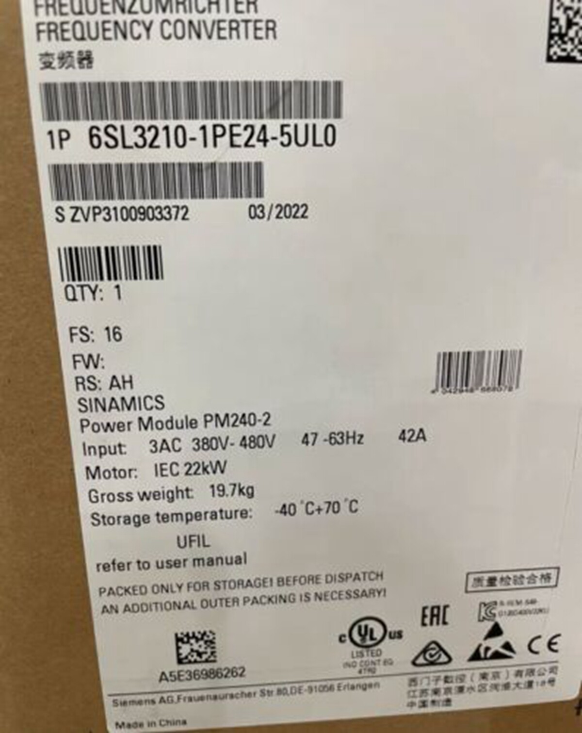 NEW Siemens 6SL3210-1PE24-5UL0