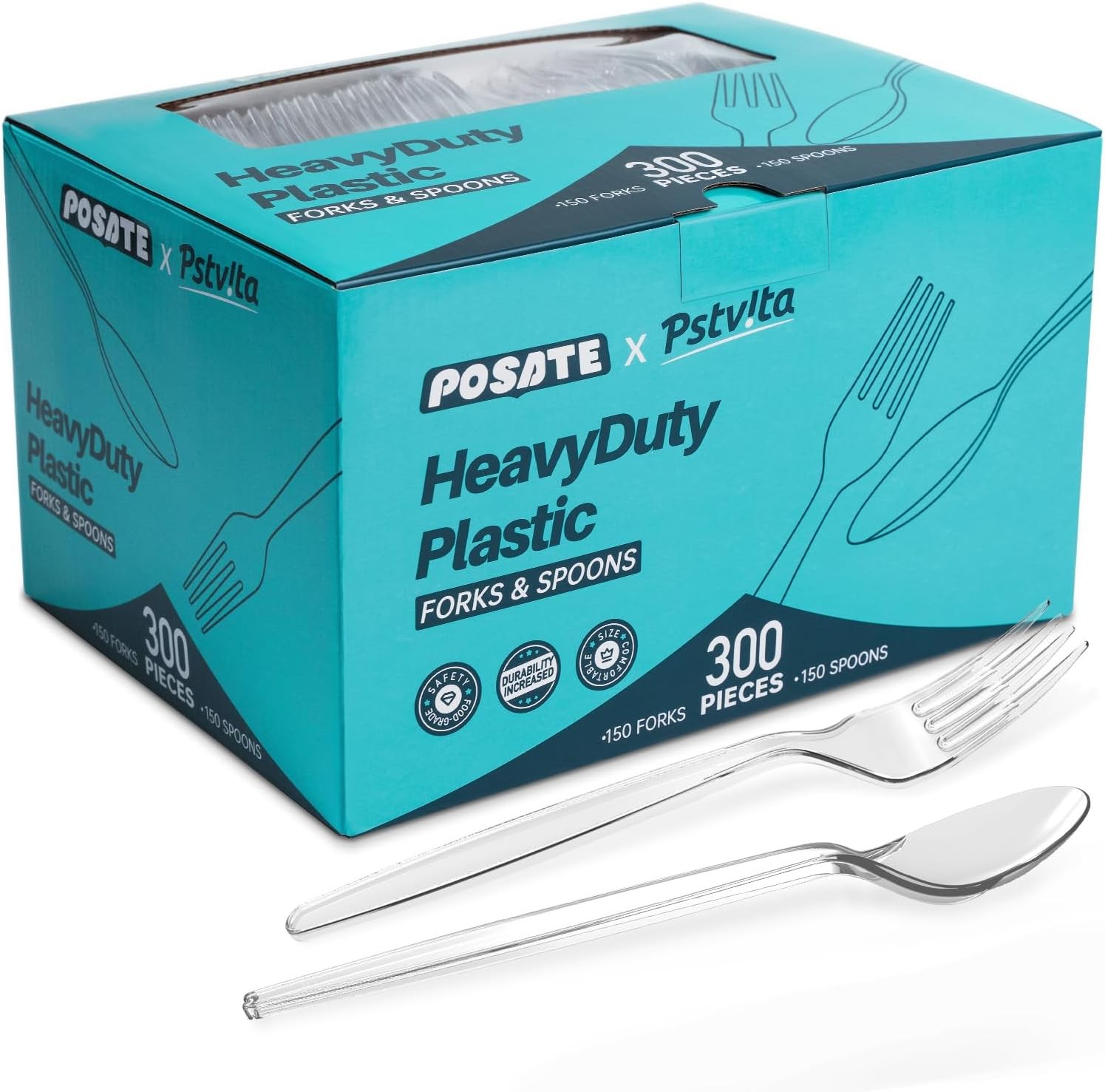 Plastic Forks and Spoons Sierware Set, Heavy Duty Utensils 150 Clear