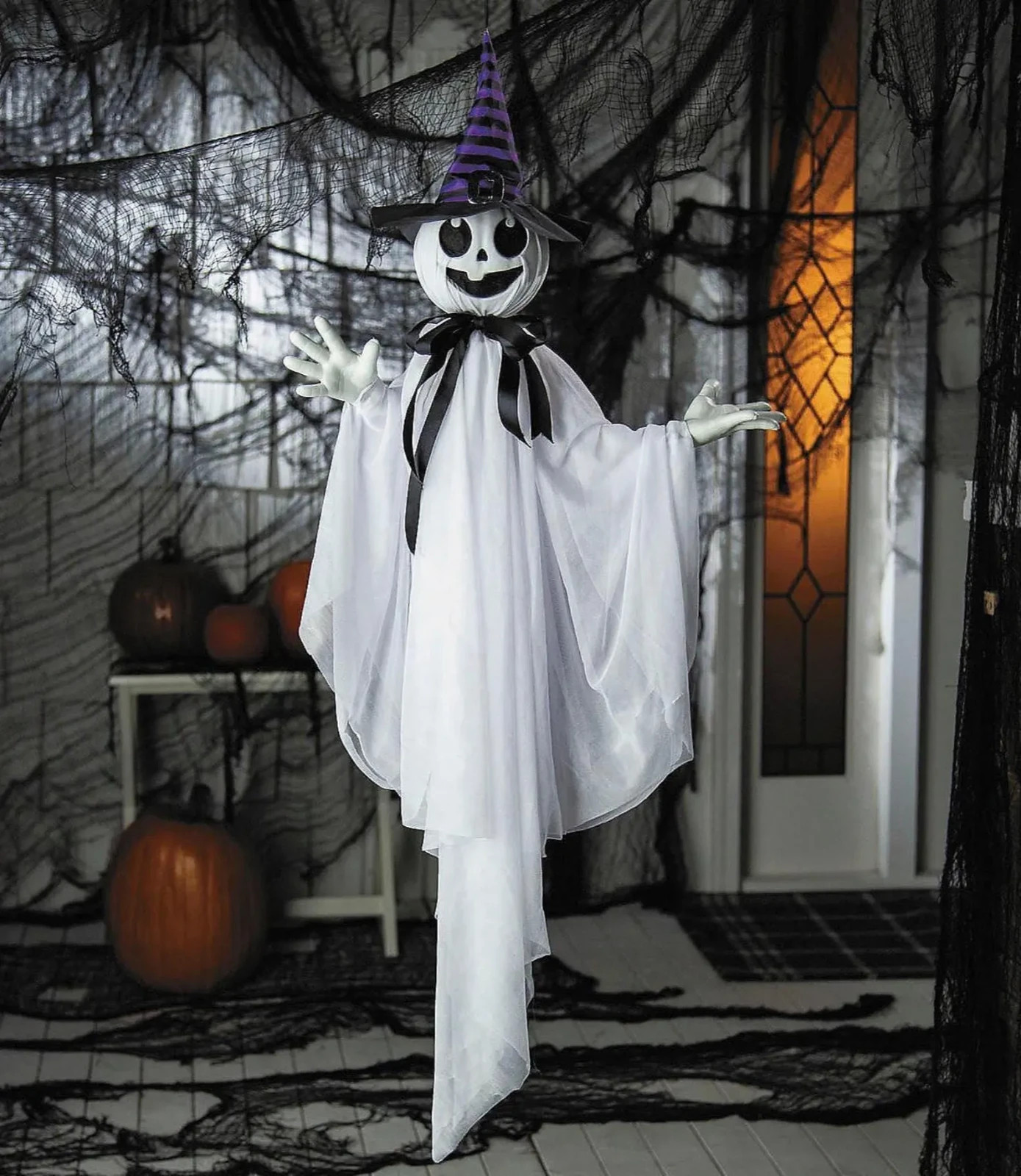 39 1/4" Animated Hanging Smiling Ghost with Witch Hat & Black Bow Halloween Prop