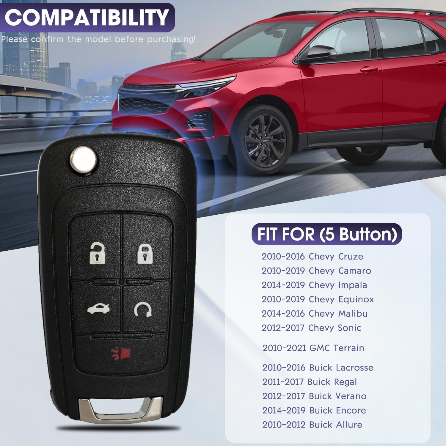 5 Button Keyless Entry Remote Control Flip Key Fob Replacement for Chevy Cruz...