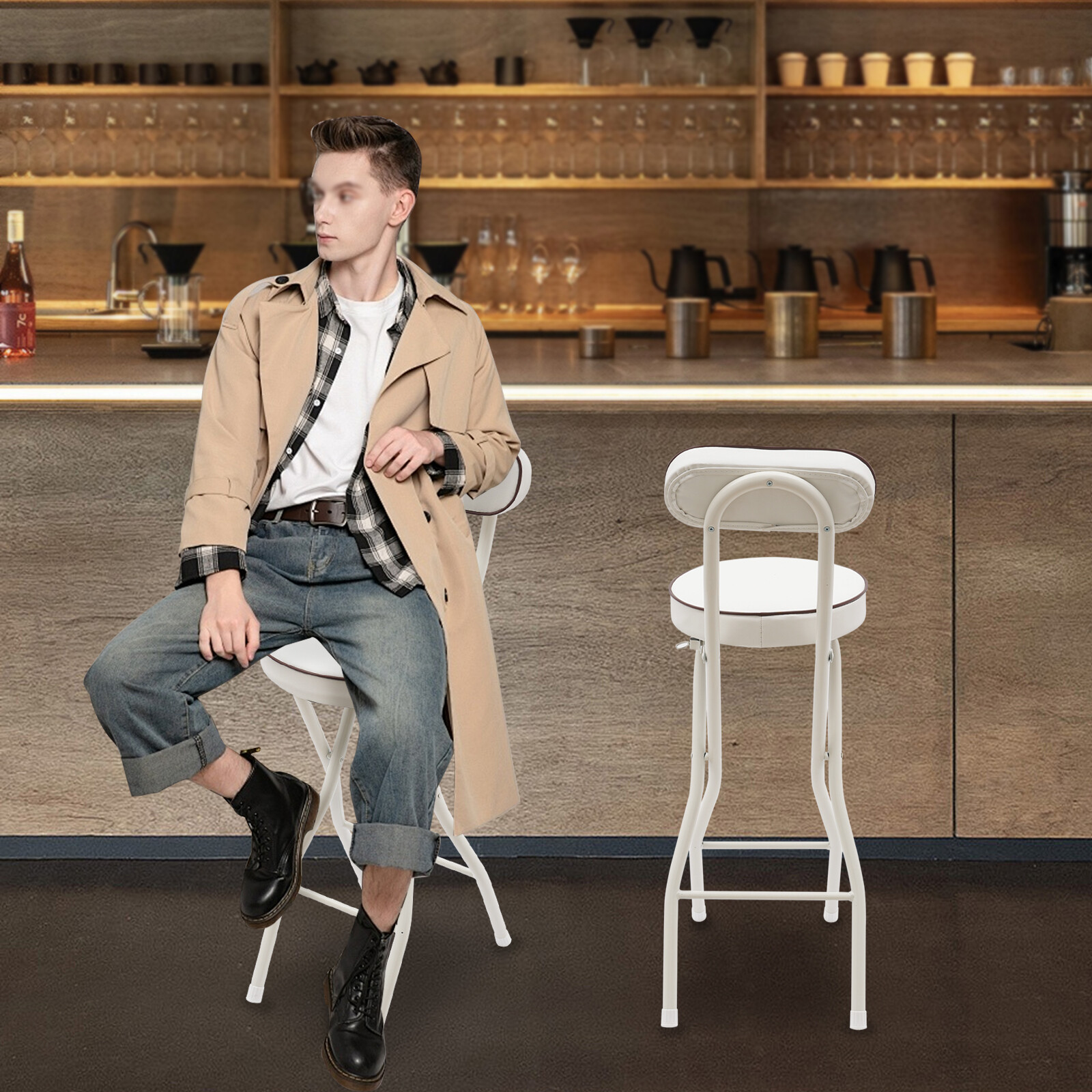 2 Pcs Folding Bar Stool with Backrest Tall Foldable Stool Chair Portable