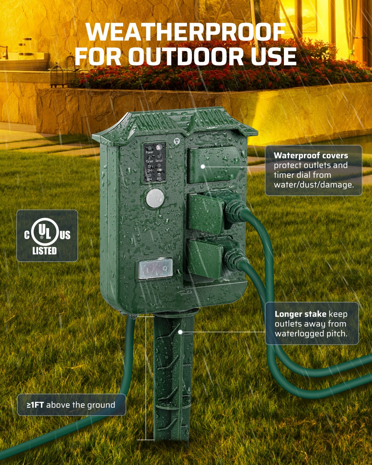 DEWENWILS Outdoor Power Stake Timer, 25FT Extension Cord, 100FT Range Remote