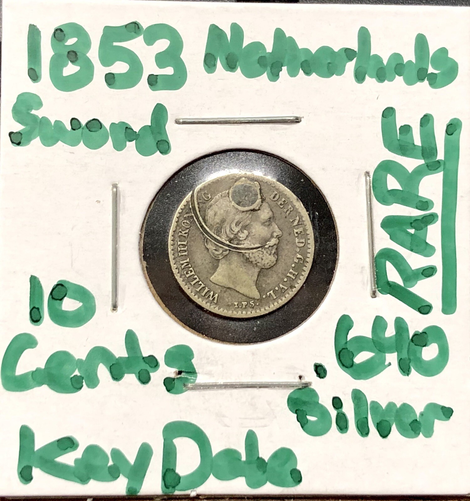RARE 1853 Netherlands 10 Cents Sword - Willem III, Scarce Word Silver Coin Holed
