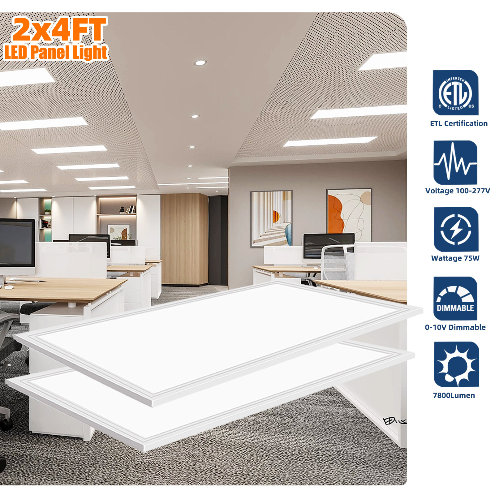 2x4 Led Flat Panel Light 8 Pack - 75W 7800LM Dimmable 2x4 Led Light Drop Ceiling