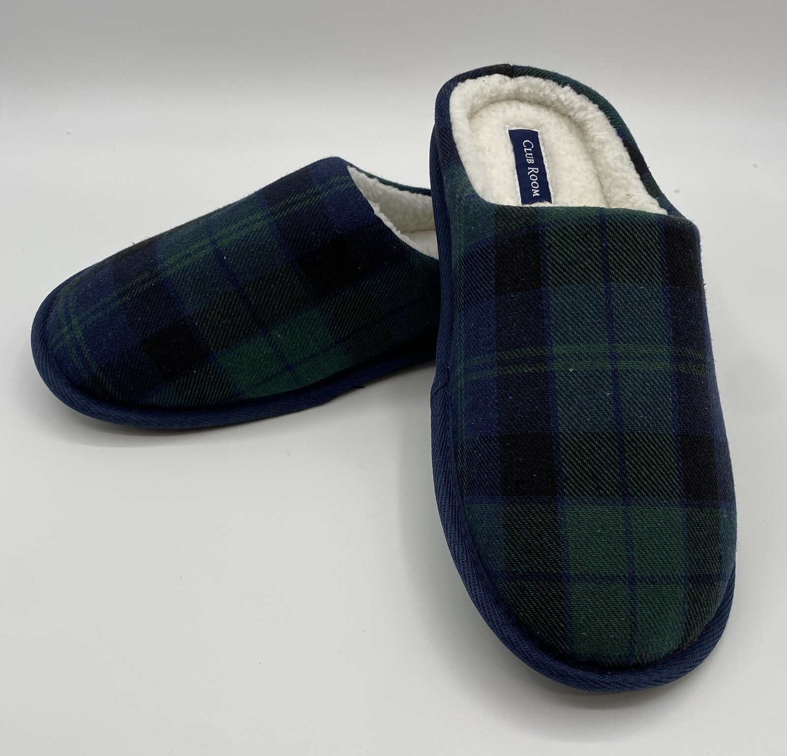 Club Room Men Blue Green Jake Plaid Slip on Slippers Holiday Indoor Outdoor