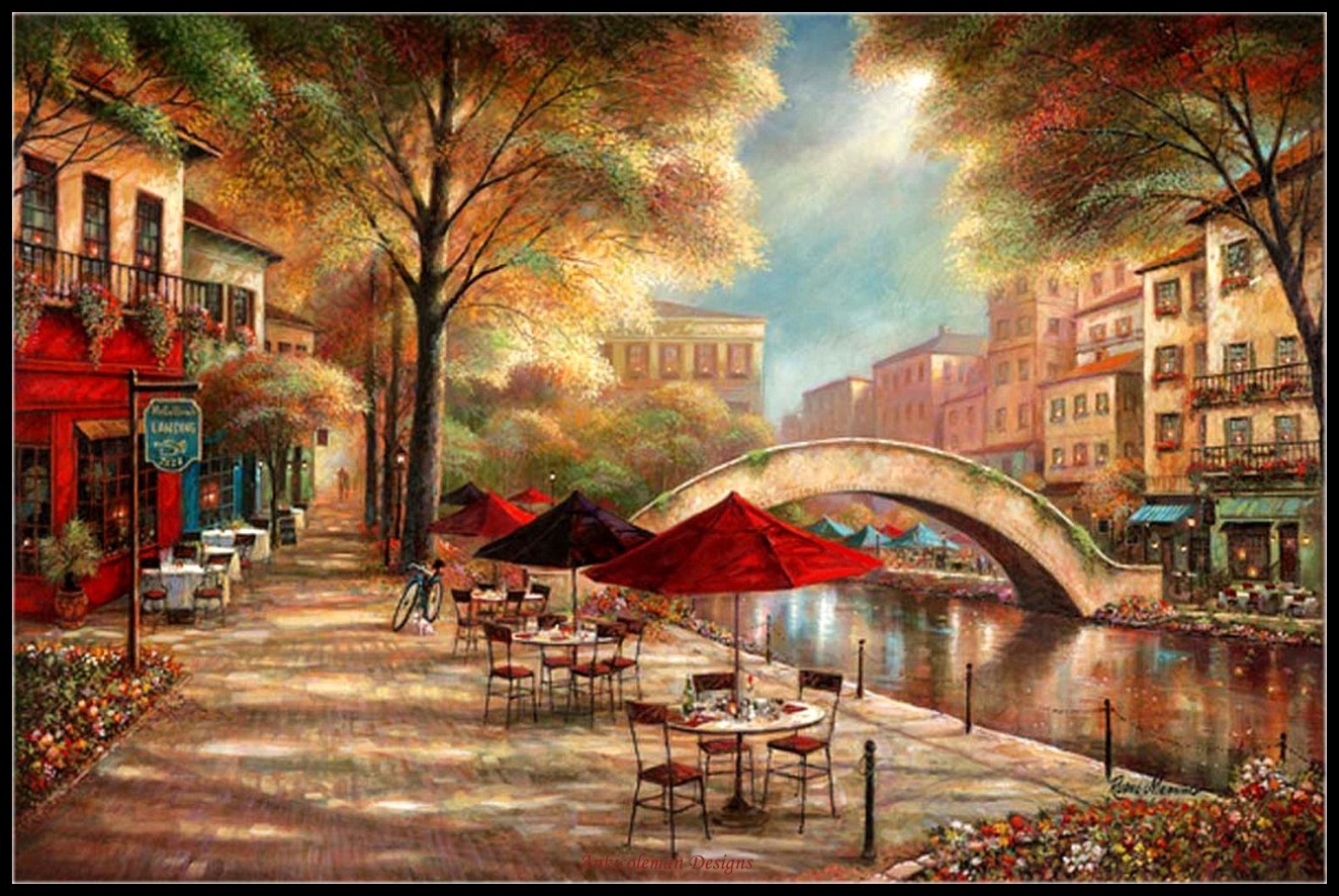 Riverwalk Cafe - DIY Counted Cross Stitch Patterns Needlework Embroidery DMC