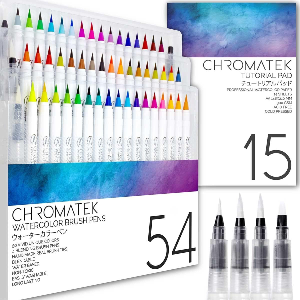 54 Watercolor Pens Set | Including 15 Page Pad & Online Video Tutorial Series |