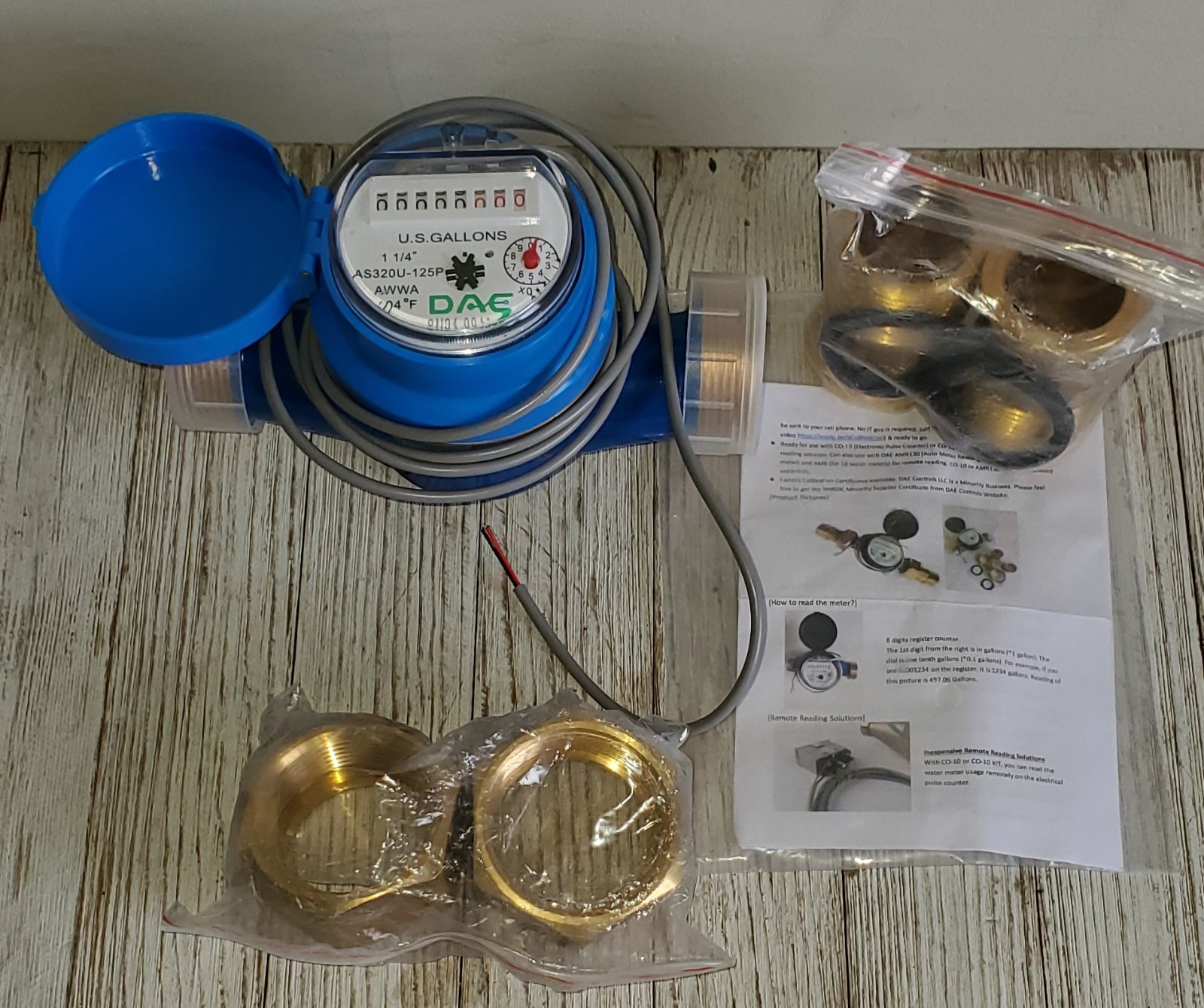DAE AS320U-125P 1-1/4" Water Meter, Pulse Output, Gallon + Couplings