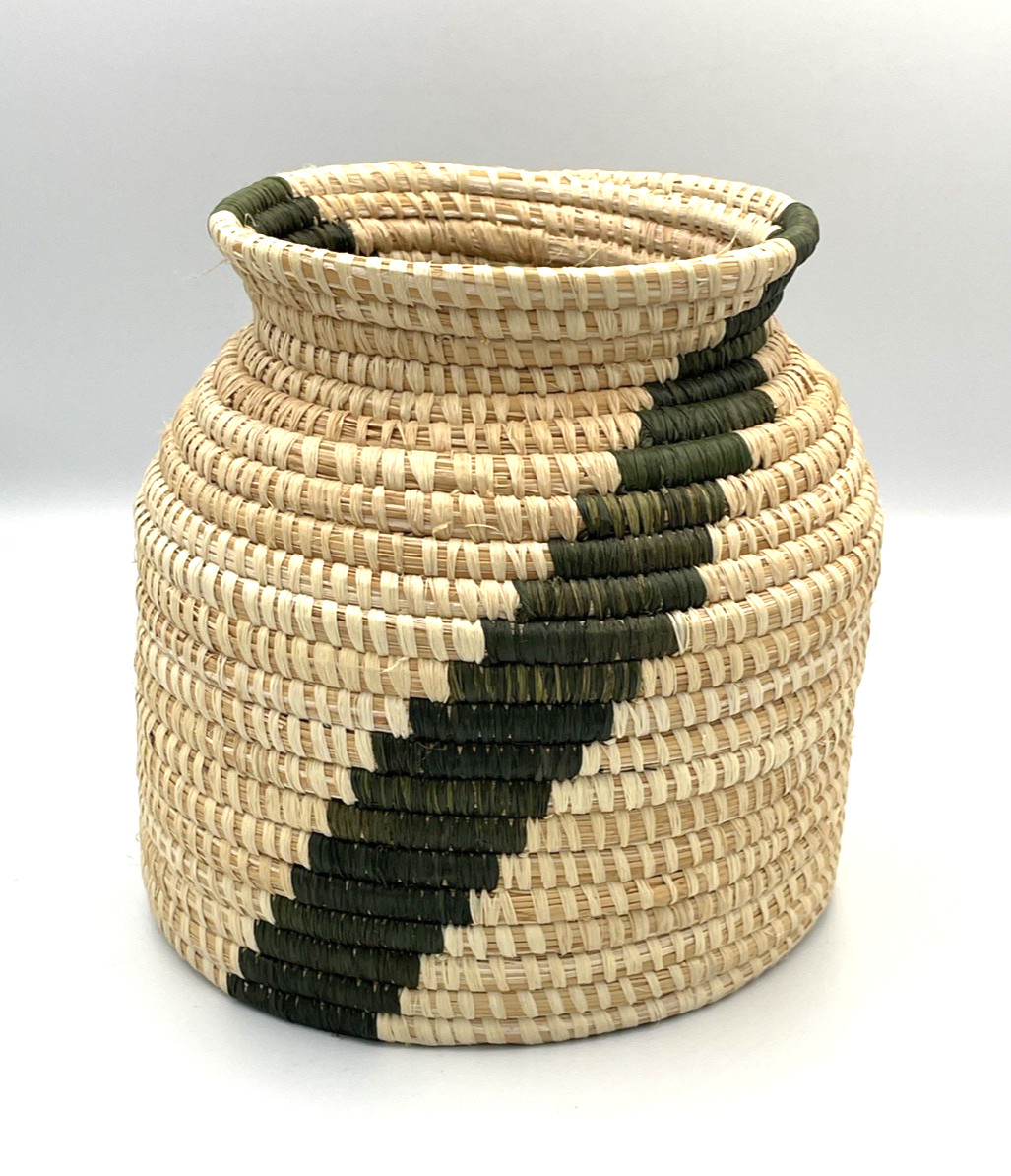 Hand Woven Natural Basket Coiled Beige & Green Decor 7.25" H Neutral