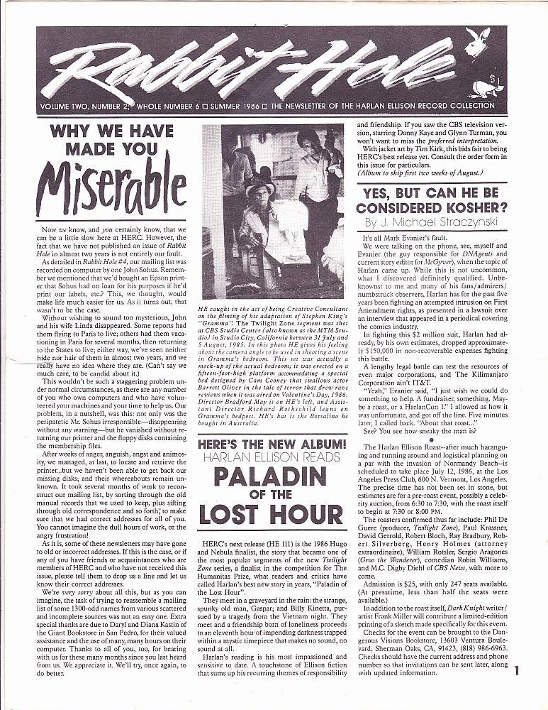 RABBIT HOLE 6 (1986) HARLAN ELLISON RECORD COLLECTION newsletter Mike Hodel obit