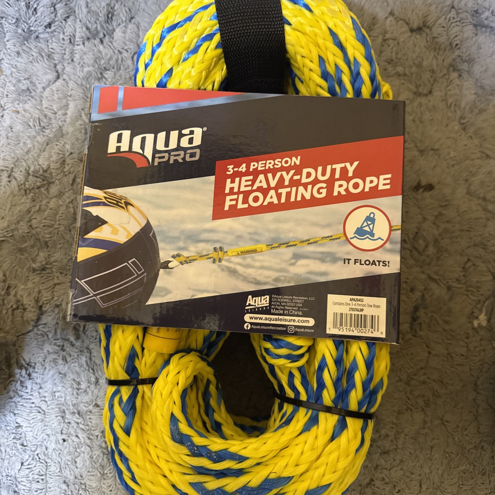 Aqua Leisure Aqua Pro 3-4 Person Floating Tow Rope 4100 lb Tensile Yellow NEW