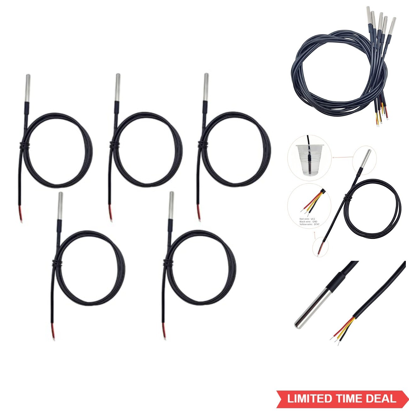 Temperature Sensor Probe 5 Pack DS18B20 Waterproof Digital Stainless Steel 1