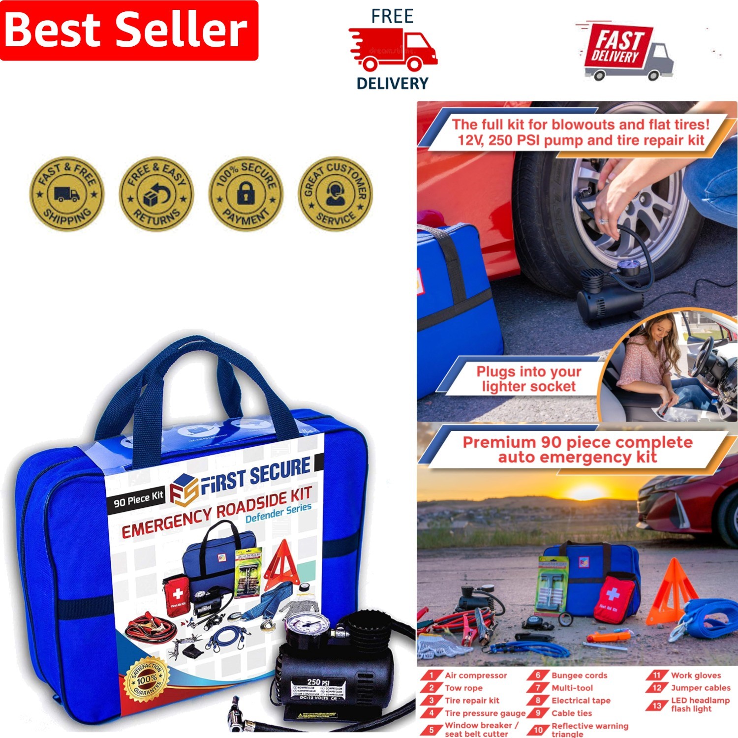 Car Emergency Kit with Air Compressor, First Aid, Tow Strap and More