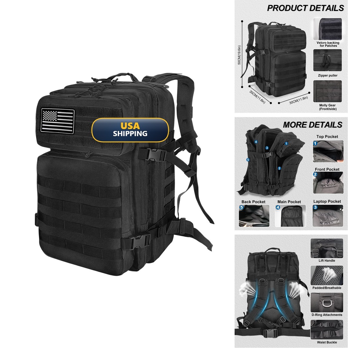 HEMSO Military Tactical Backpack 45L Army Assault Pack Molle Waterproof Black