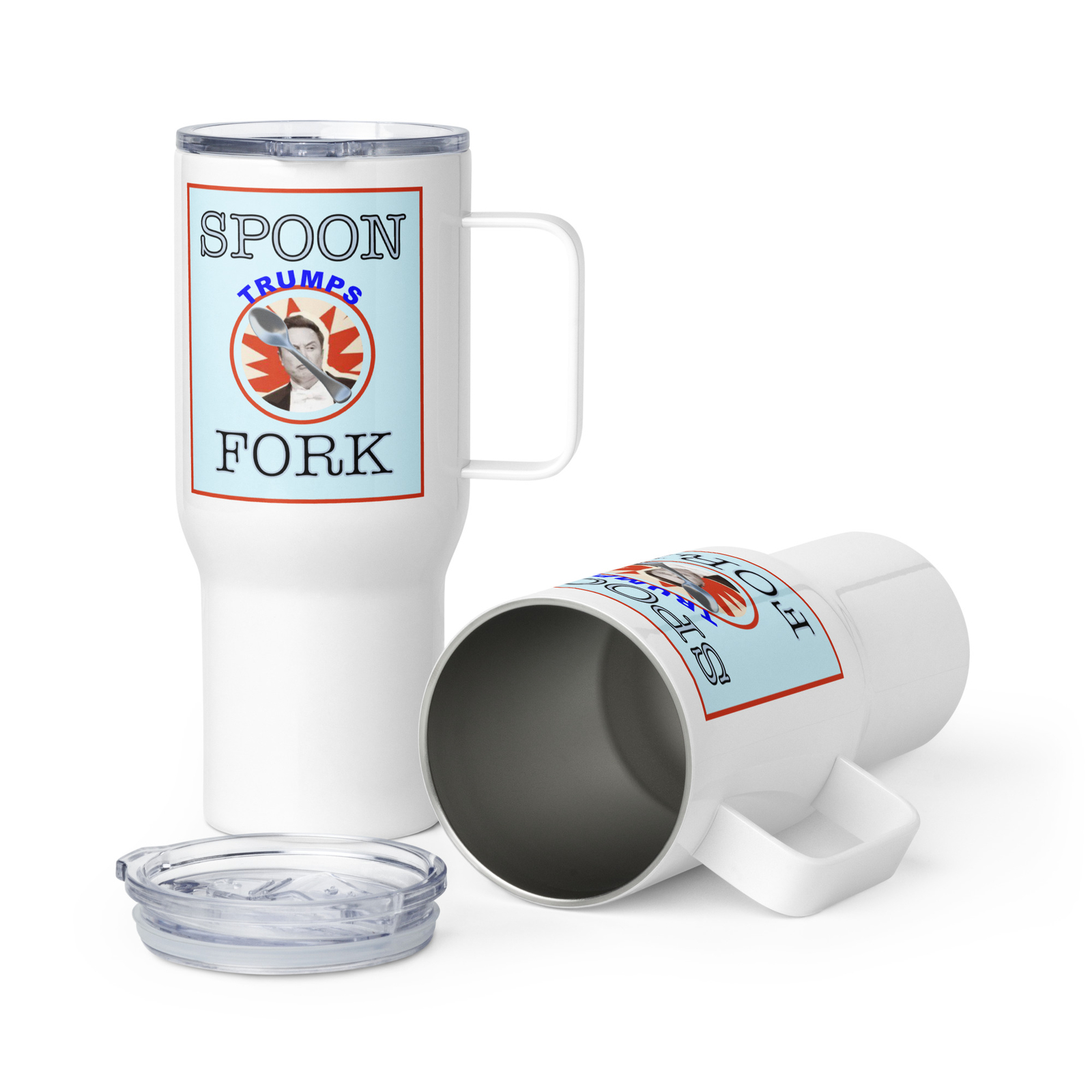 "Spoon Trumps Fork" Travel mug Federal Employee Anti-MAGA Anti-Musk Trump