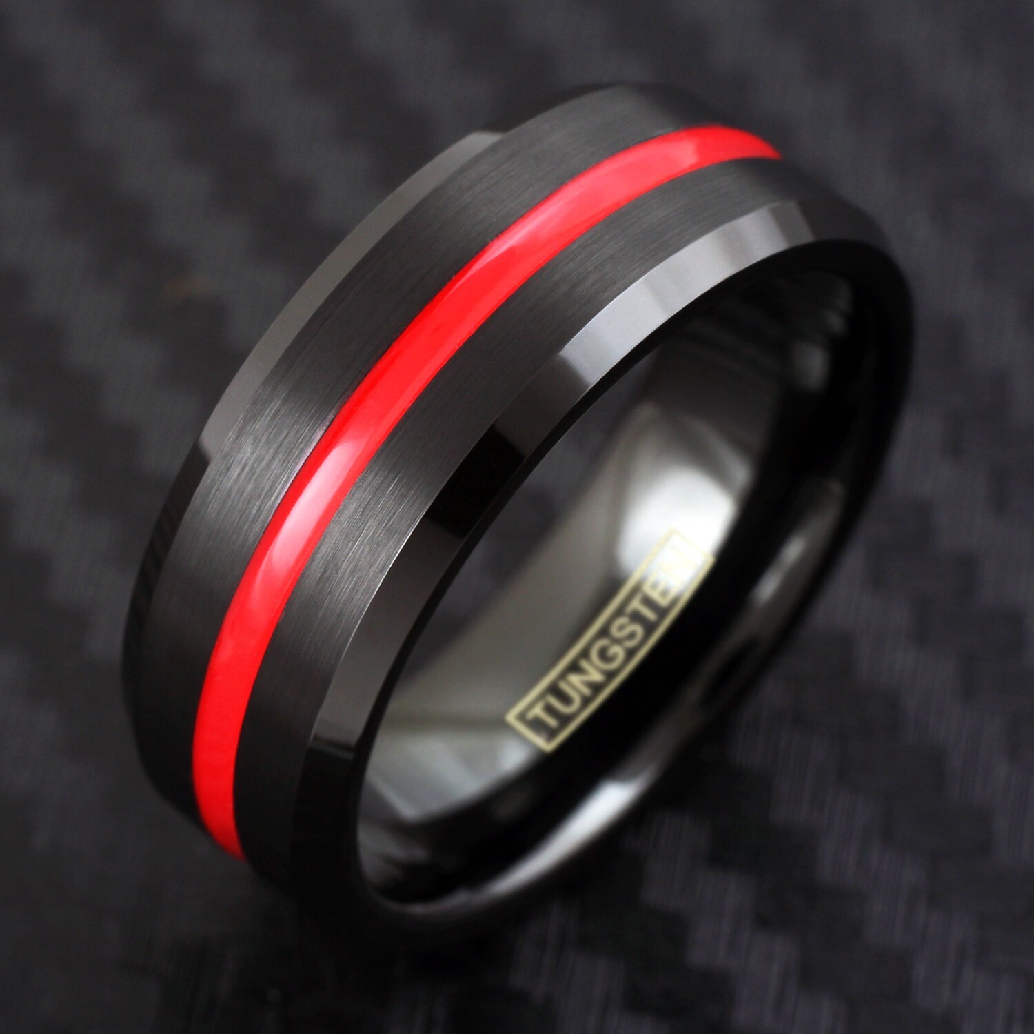 Tungsten Carbide Black Ring Thin Red Line Firefighter First Responder Band