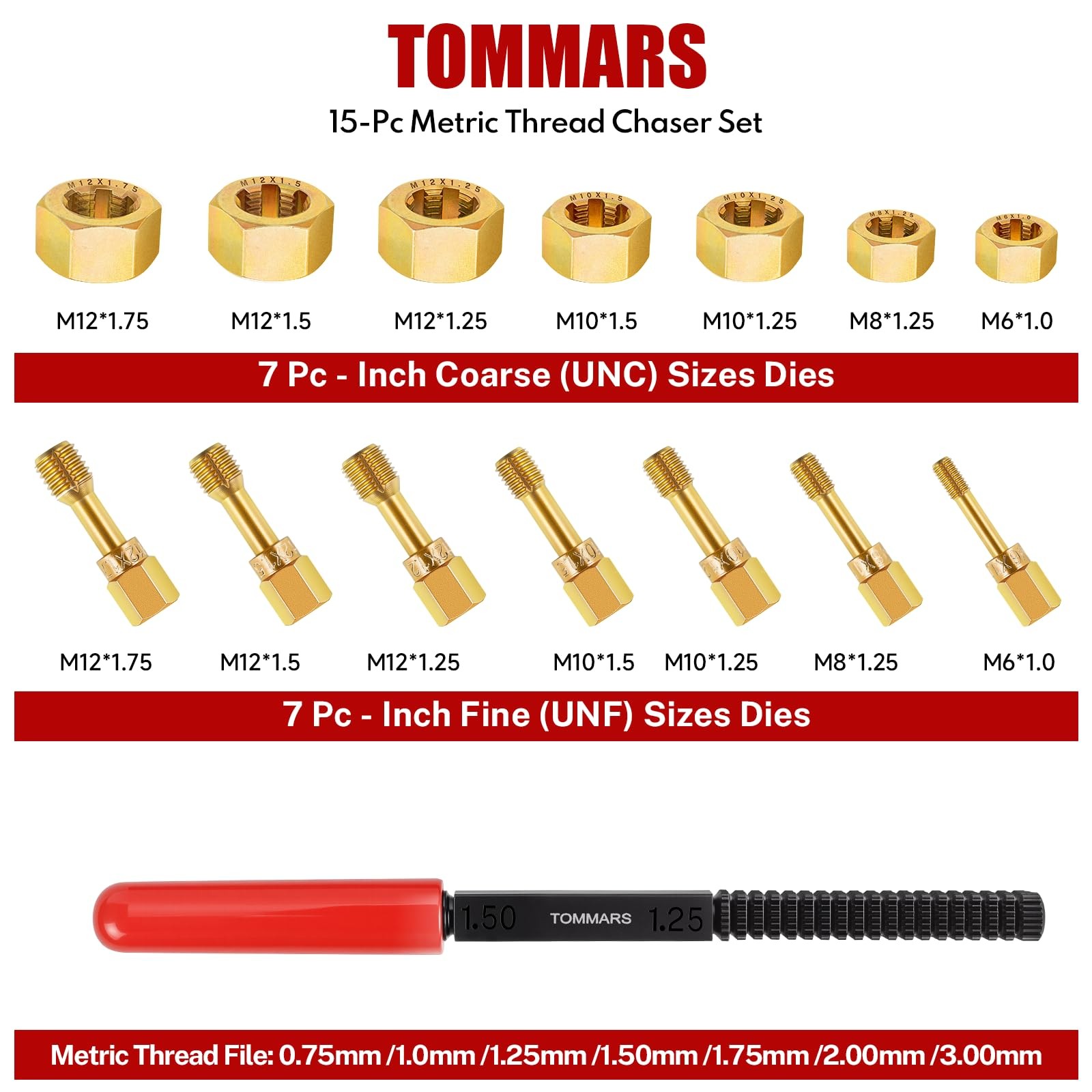 TOMMARS 15-Piece Metric Thread Chaser Set, M6 M8 M10 M12