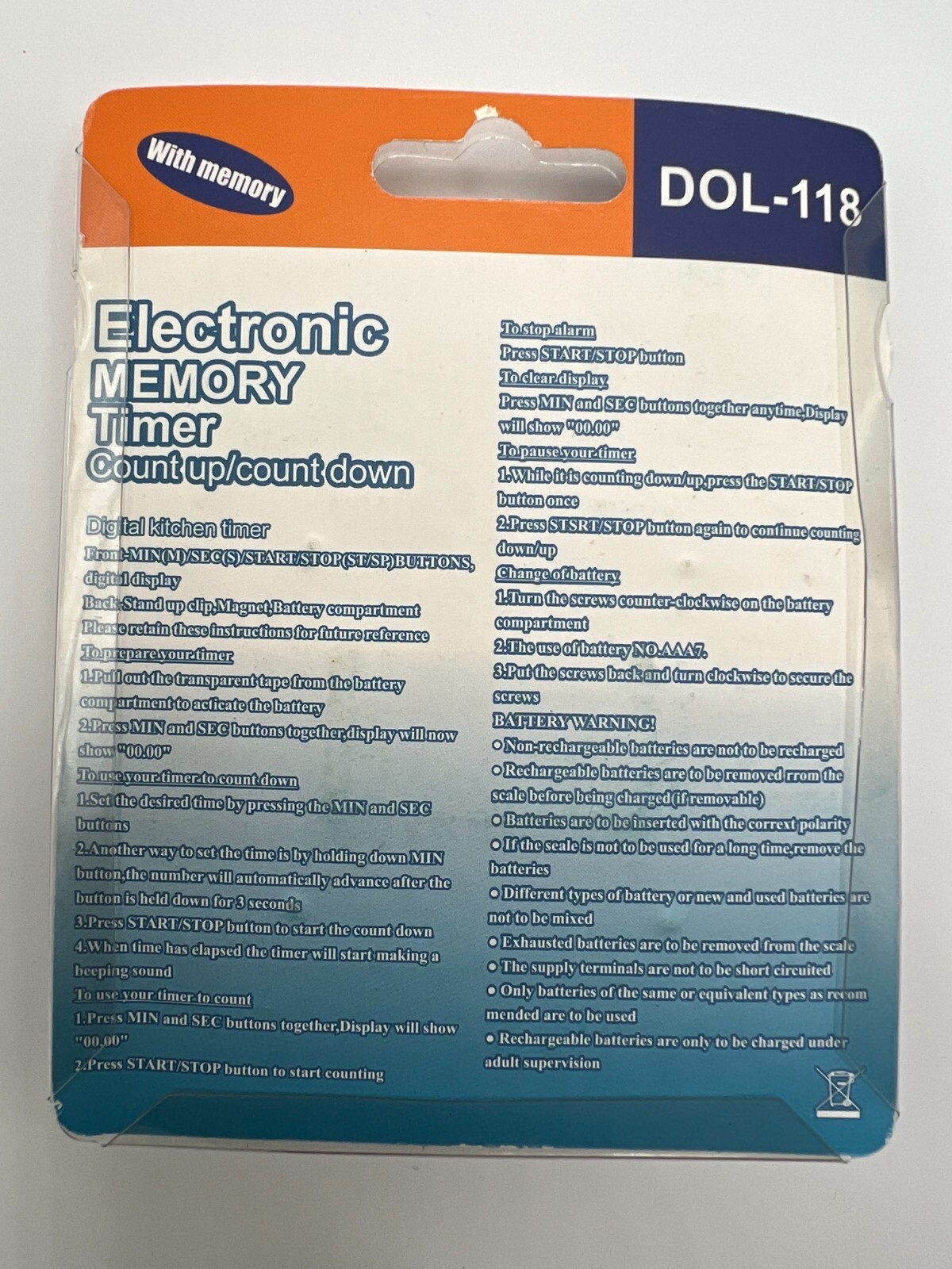 Electronic Memory Timer DOL-118 2 Pack Pink & Blue