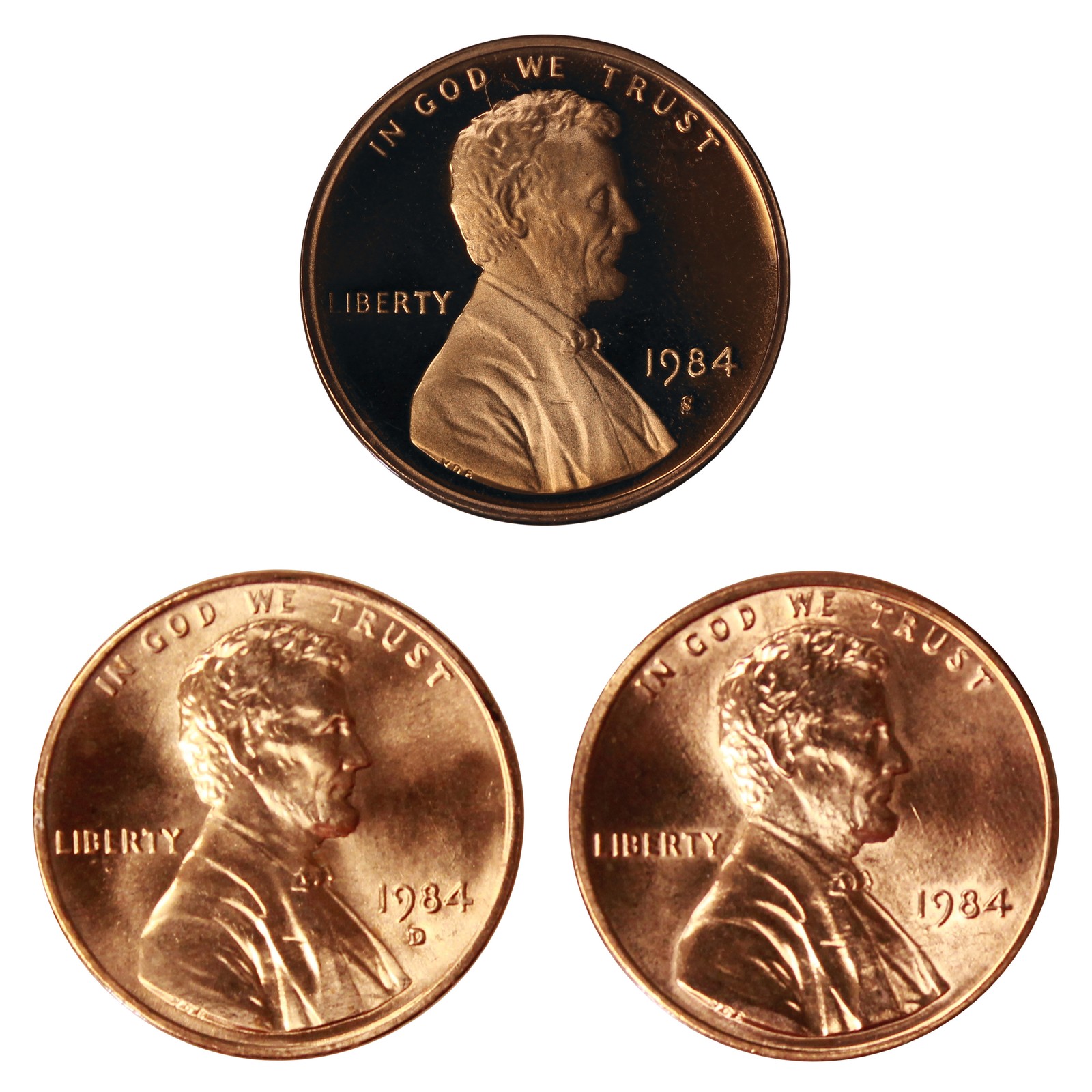 1984 P D S Lincoln Memorial Cent 1c Year set Proof & BU US 3 Coin lot