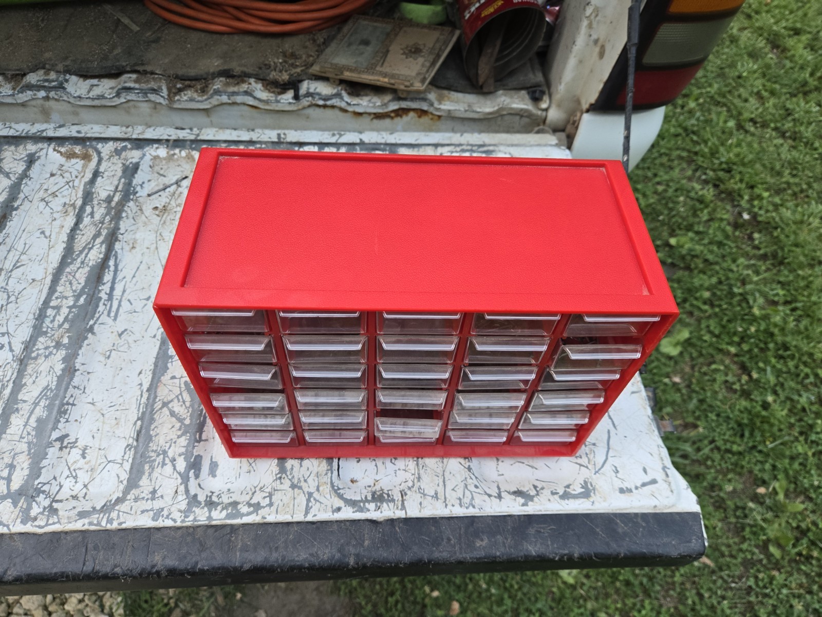 Vintage Red Plastic 30 Drawer Small Parts Organizer Cabinet loaded Hardware...