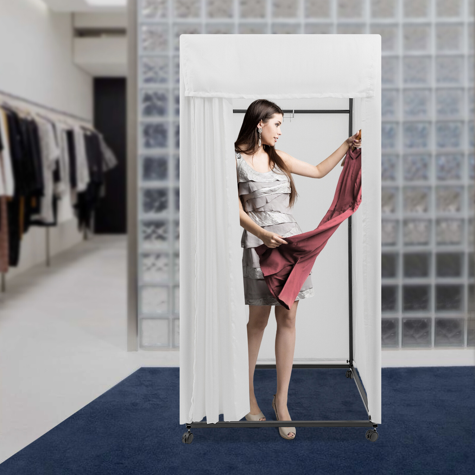 Portable Rectangular Dressing Room 4-Wheels Freestanding Movable Fitting Room