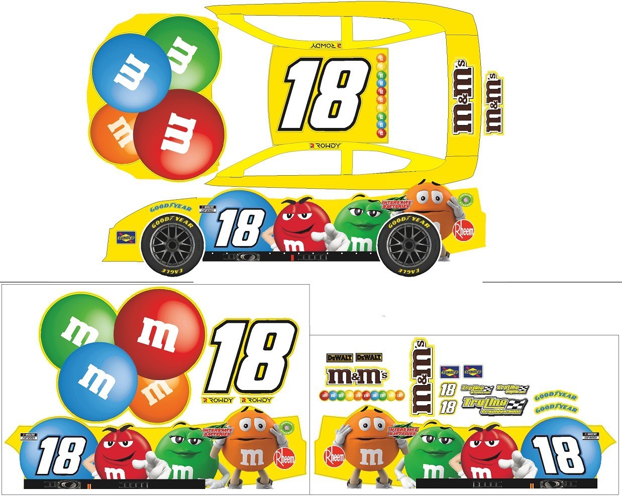 LOSI Nascar - 18 Kyle Bush Rowdy M&Ms RC Decal Sheet 12th Scale