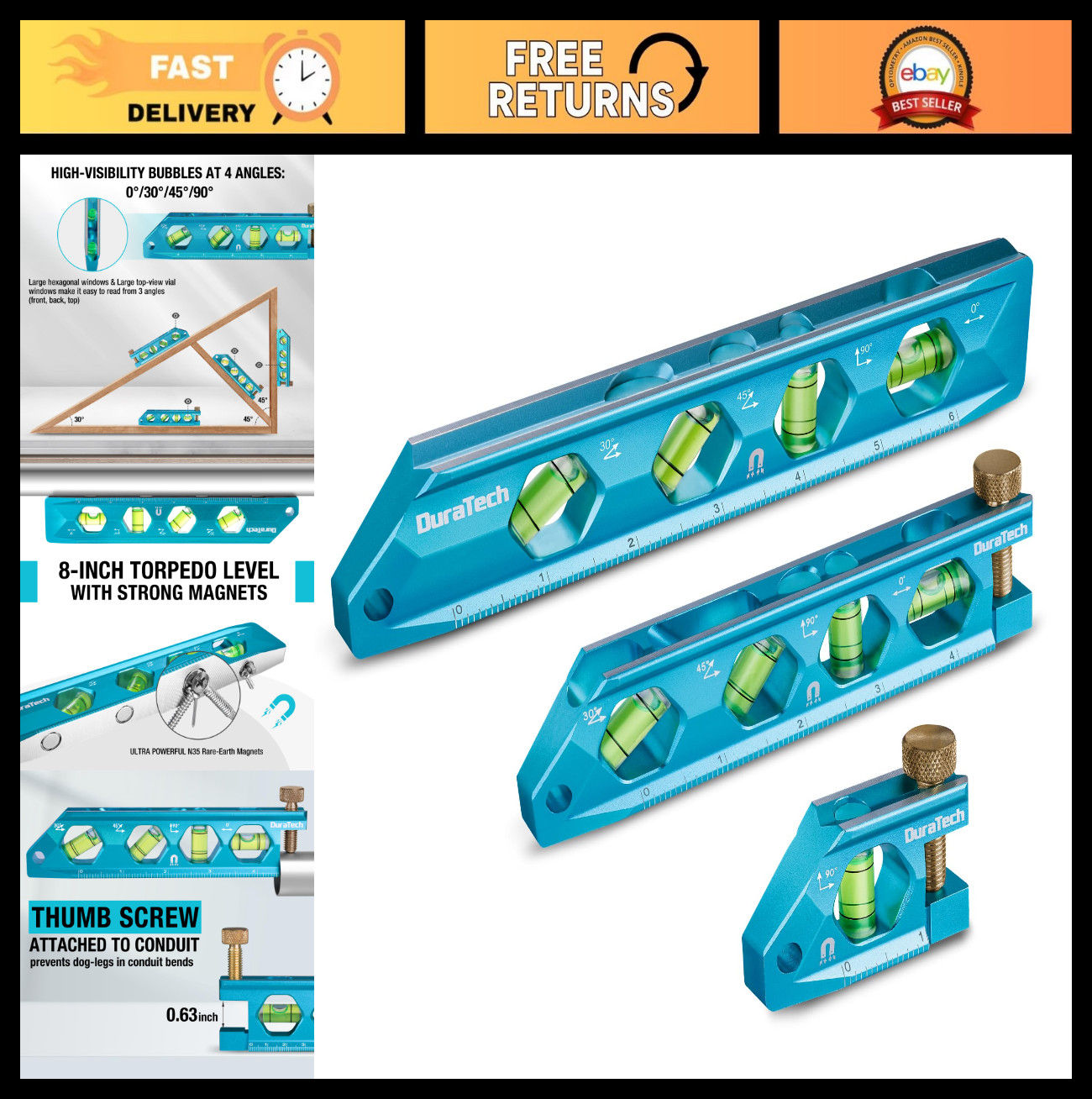 3-Piece Magnetic Torpedo Level Set - V-Groove, 0°/30°/45°/90° Bubbles, Durable A