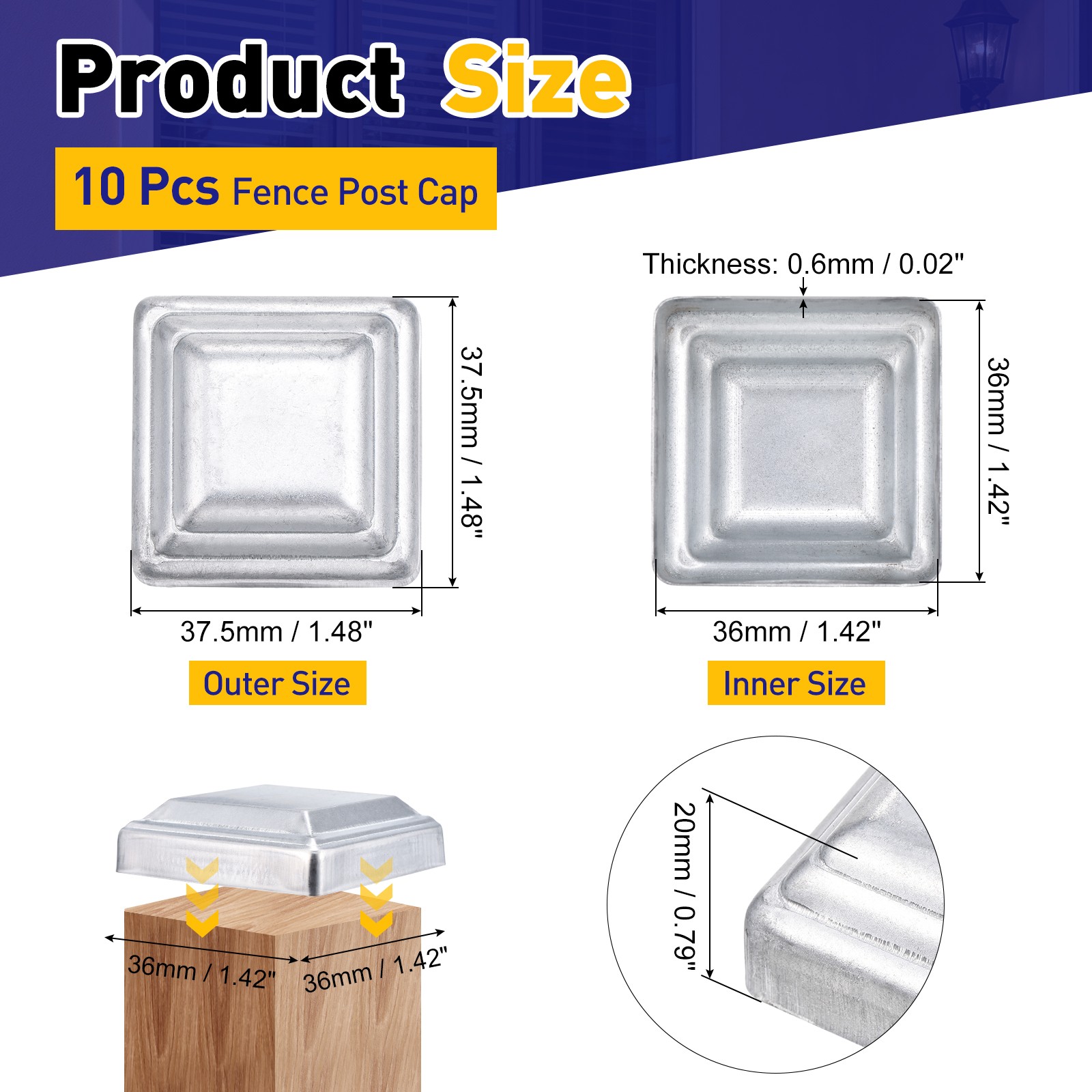10Pcs Fence Post Cap, Galvanized Deck Post Caps Fit 1.4" x 1.4" Pipe, Silver