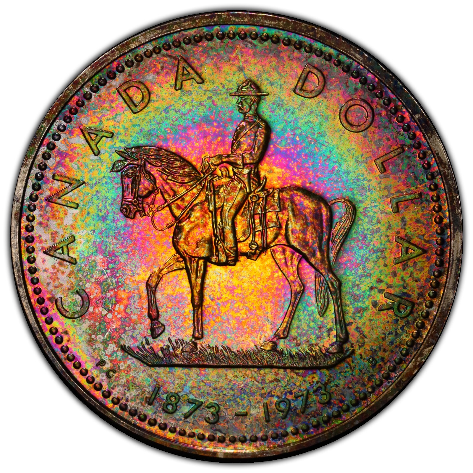 1973 Canada RCMP Proof Silver Dollar $1 PCGS SP68 Rainbow Toned Neon Color
