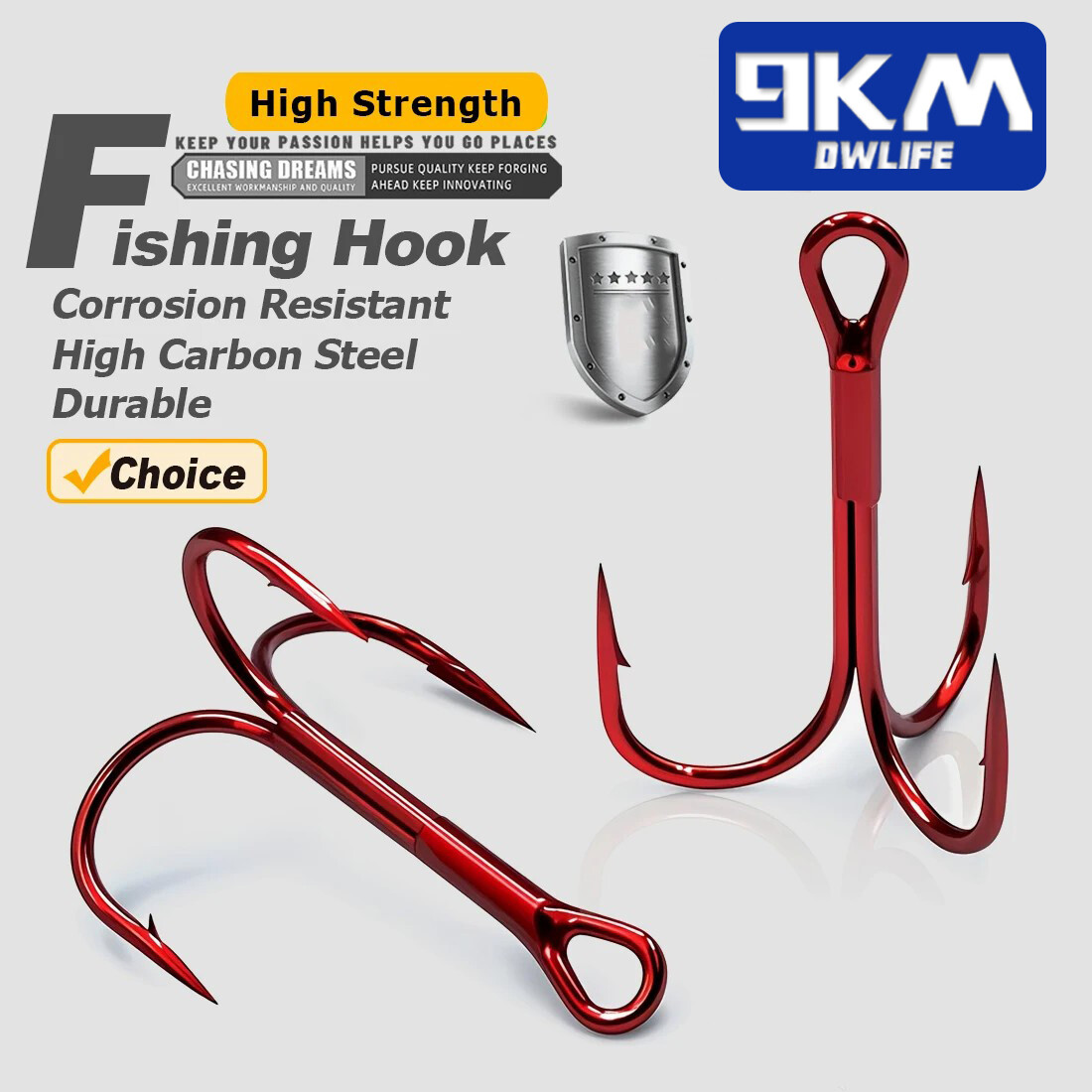 9KM 50Pcs Fishing Treble Hooks Red High Carbon Steel 12mm~43mm Lures Baits Hook