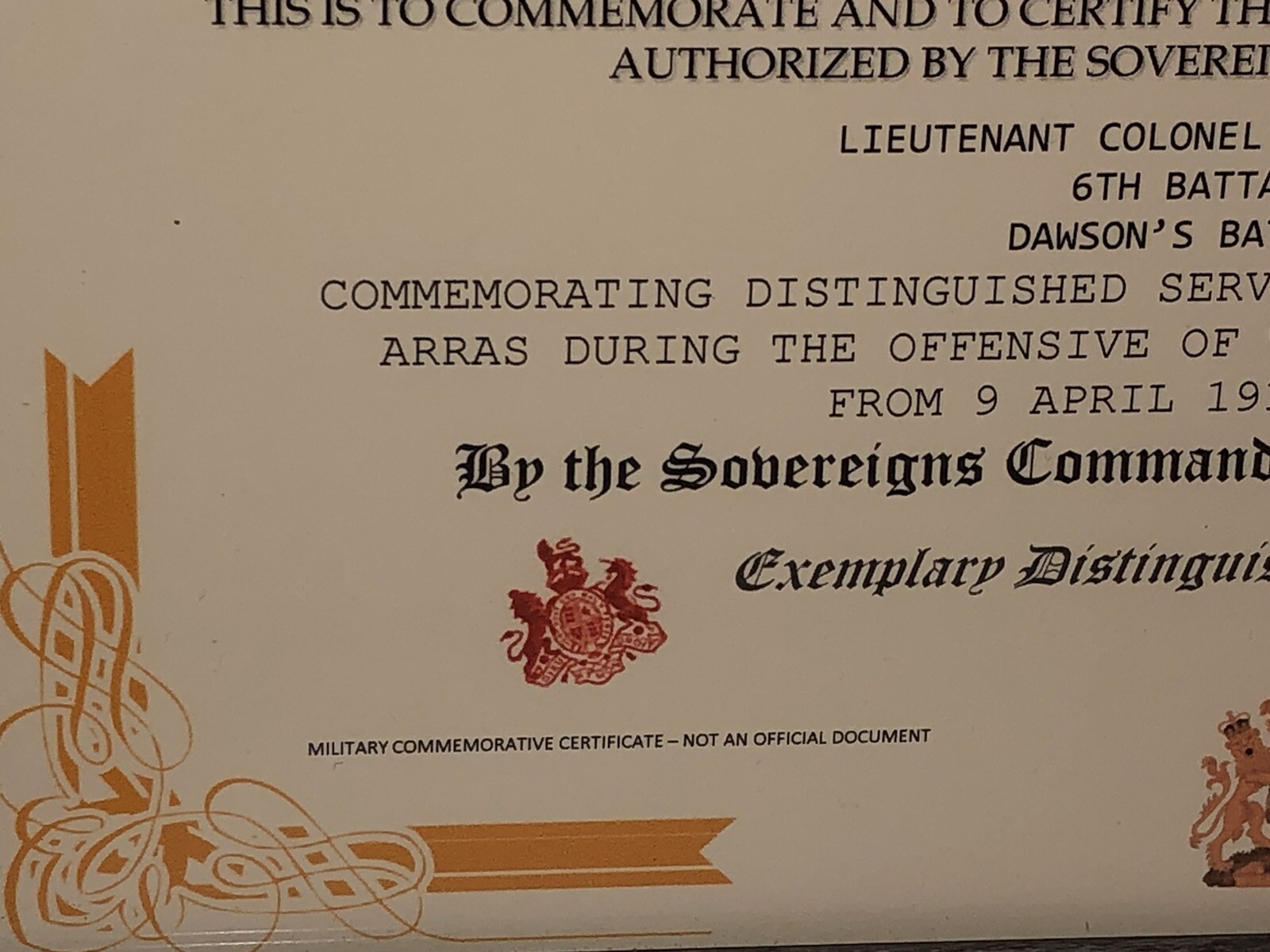 DISTINGUISHED SERVICE ORDER 2ND AWARD [UK] COMMEMORATIVE CERTIFICATE ~ Type 1