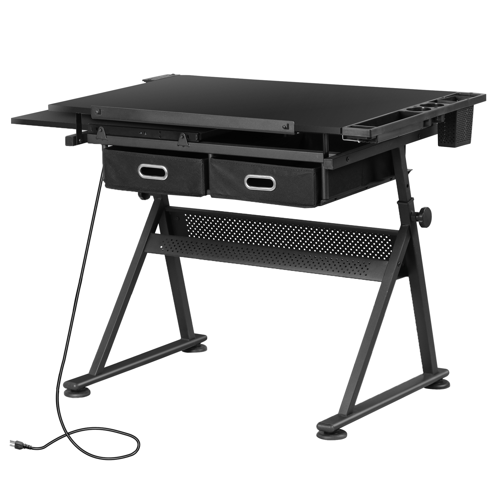 Adjustable Drafting Drawing Table Tabletop Tiltable w/ Stool & Outlet Black