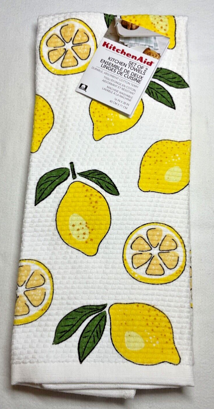 KITCHENAID  KITCHEN TOWELS (2) LEMONS YELLOW TEXTURED  16 X 28 100% COTTON NIP